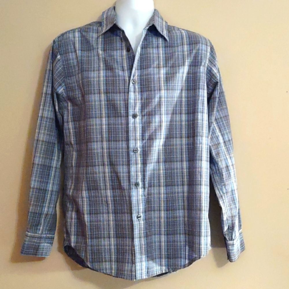 Spring & Mercer Men's Size M Classic Blue, Tan, Gray Plaid‎ Long Sleeve Shirt